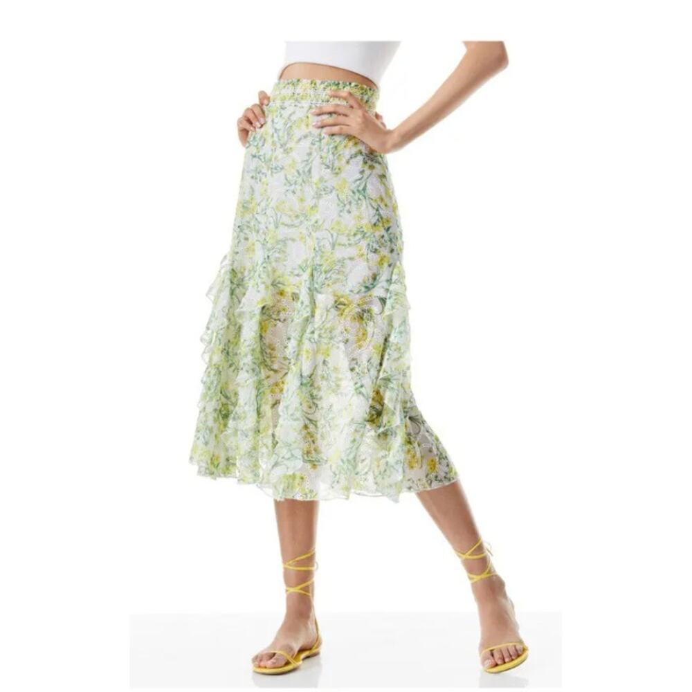 Alice +‎ Olivia Jocelyn Smocked Waistband Ruffle Skirt in Sun Ditsy Size 0 NWOT
